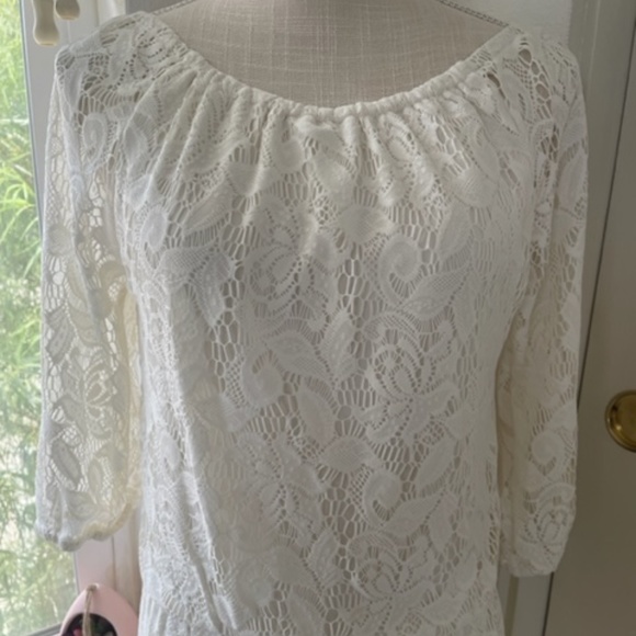 Vintage Off-White Sheer Lace Midi Dress, Romantic Cottagecore Prairie Aesthetic - Picture 2 of 10